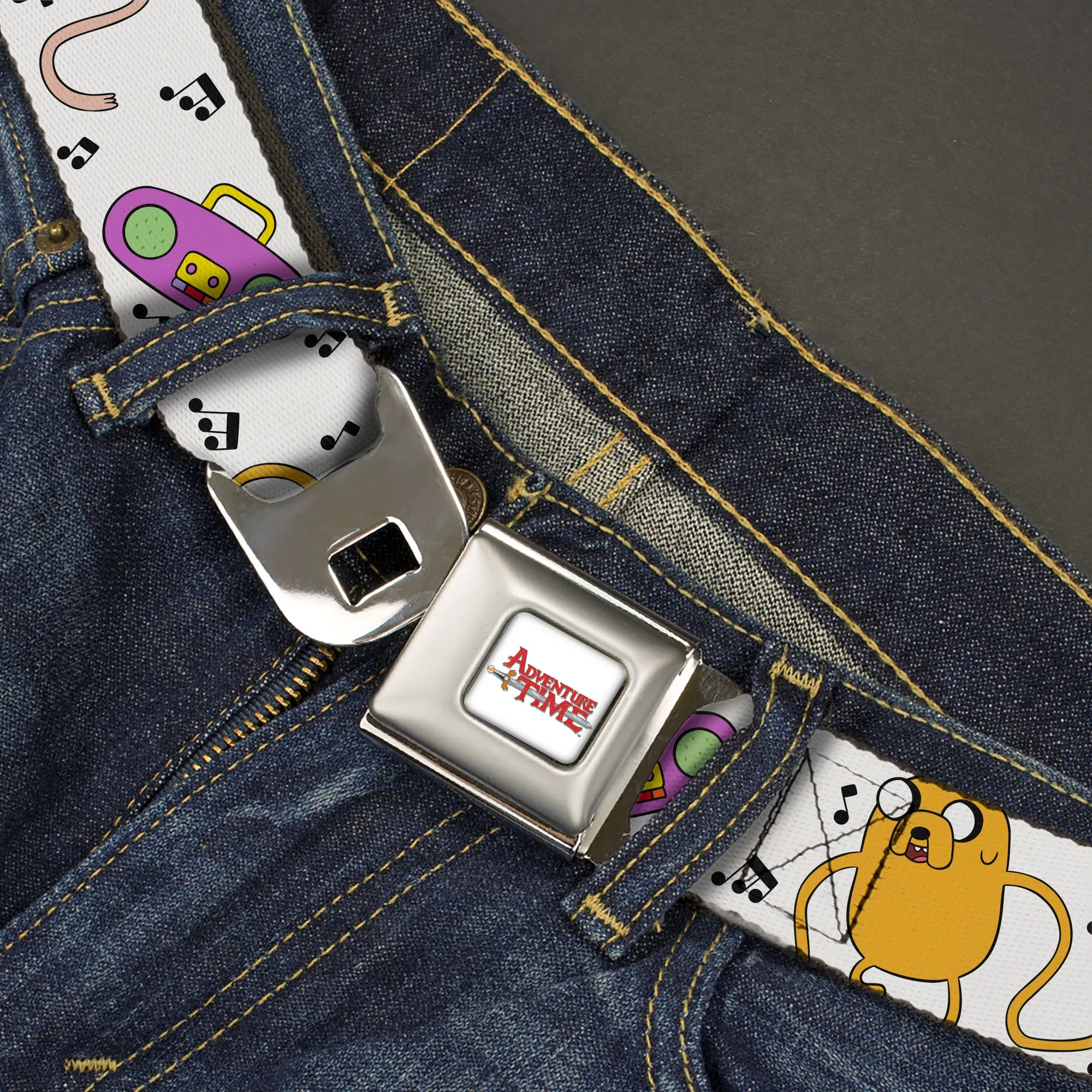 ADVENTURE TIME Title Logo Full Color White Seatbelt Belt - Adventure Time Finn and Jake Long Arms Dancing Pose White Webbing