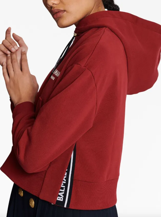 Balmain flocked-logo cropped hoodie