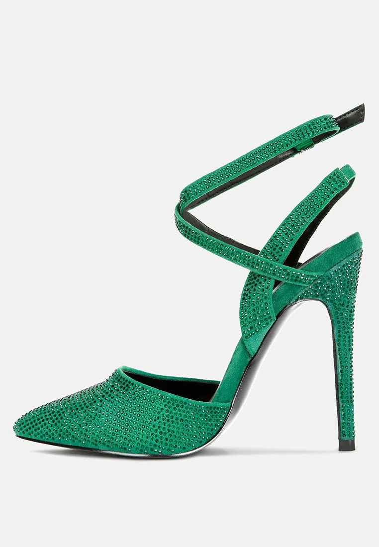 CHARMER Rhinestone Embellished Stiletto Sandals in Green