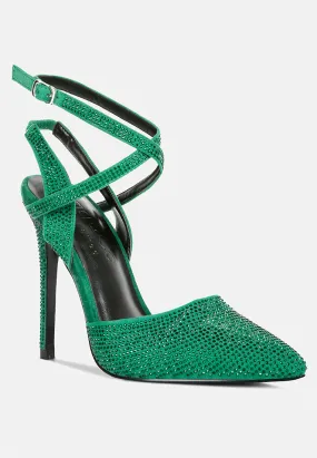 CHARMER Rhinestone Embellished Stiletto Sandals in Green