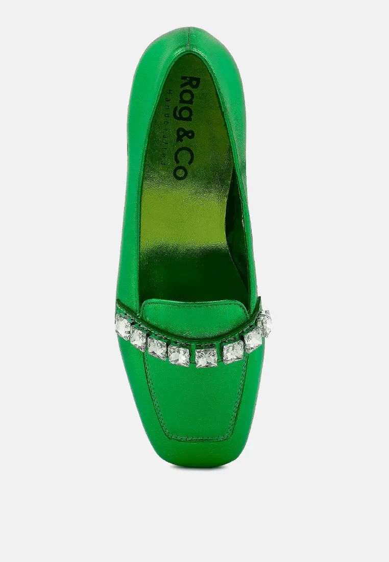 CHURROS Diamante Embellished Metallic Loafers in Green