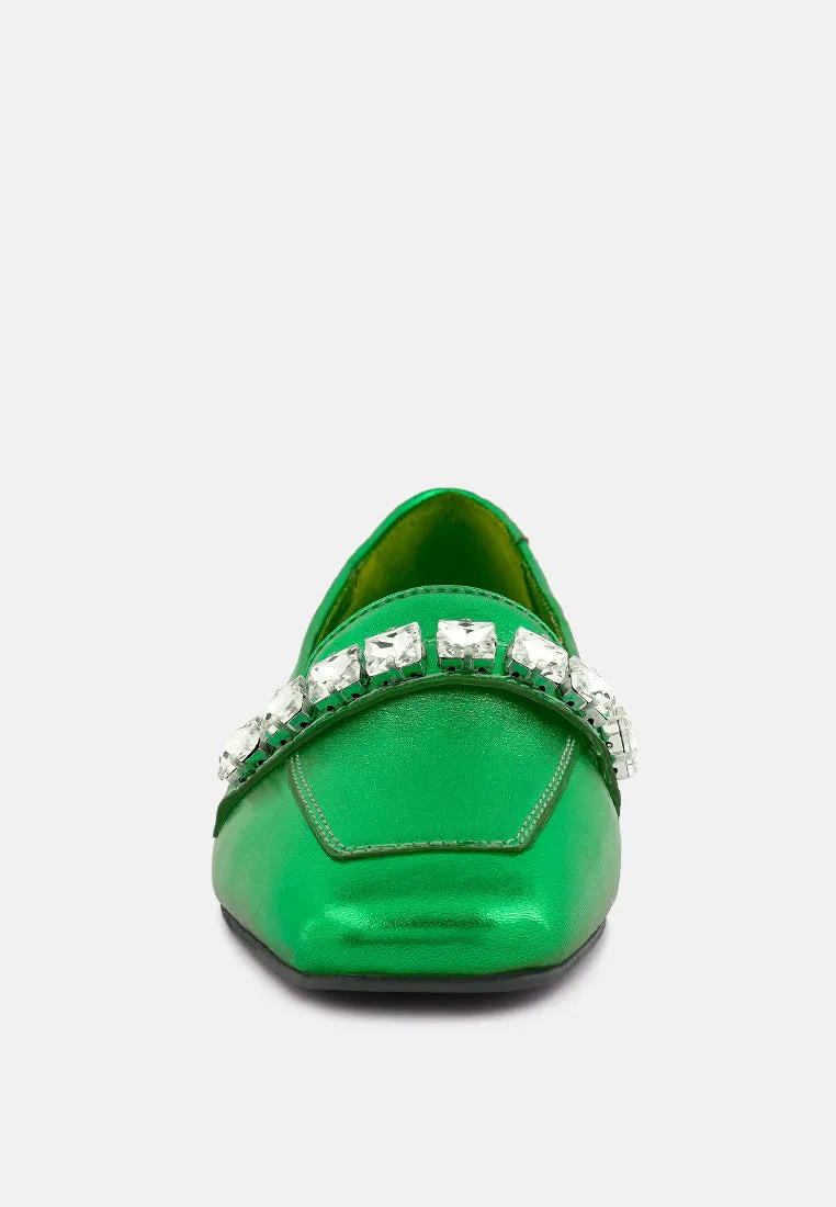 CHURROS Diamante Embellished Metallic Loafers in Green