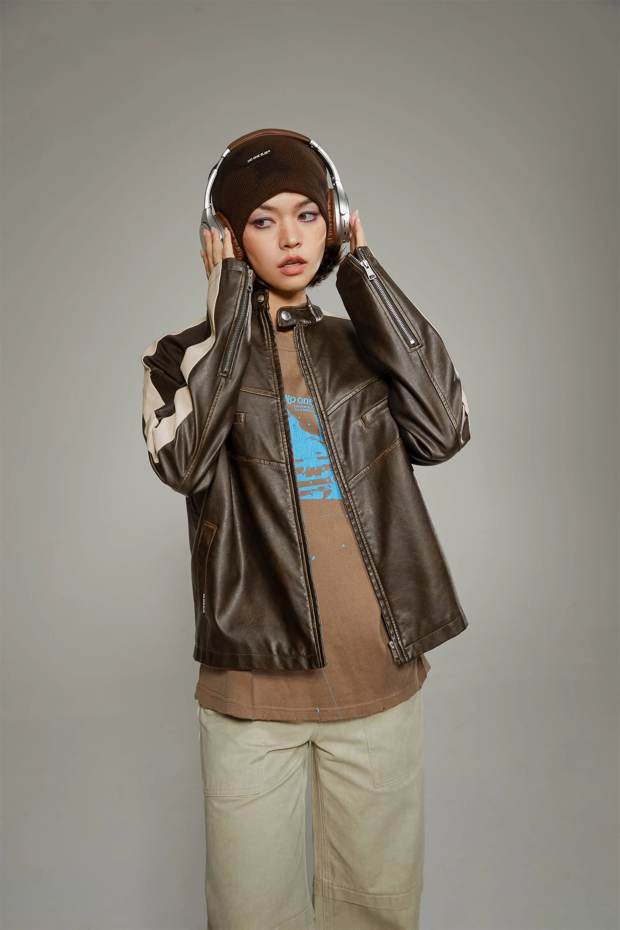 Color Combination Biker Leather Jacket