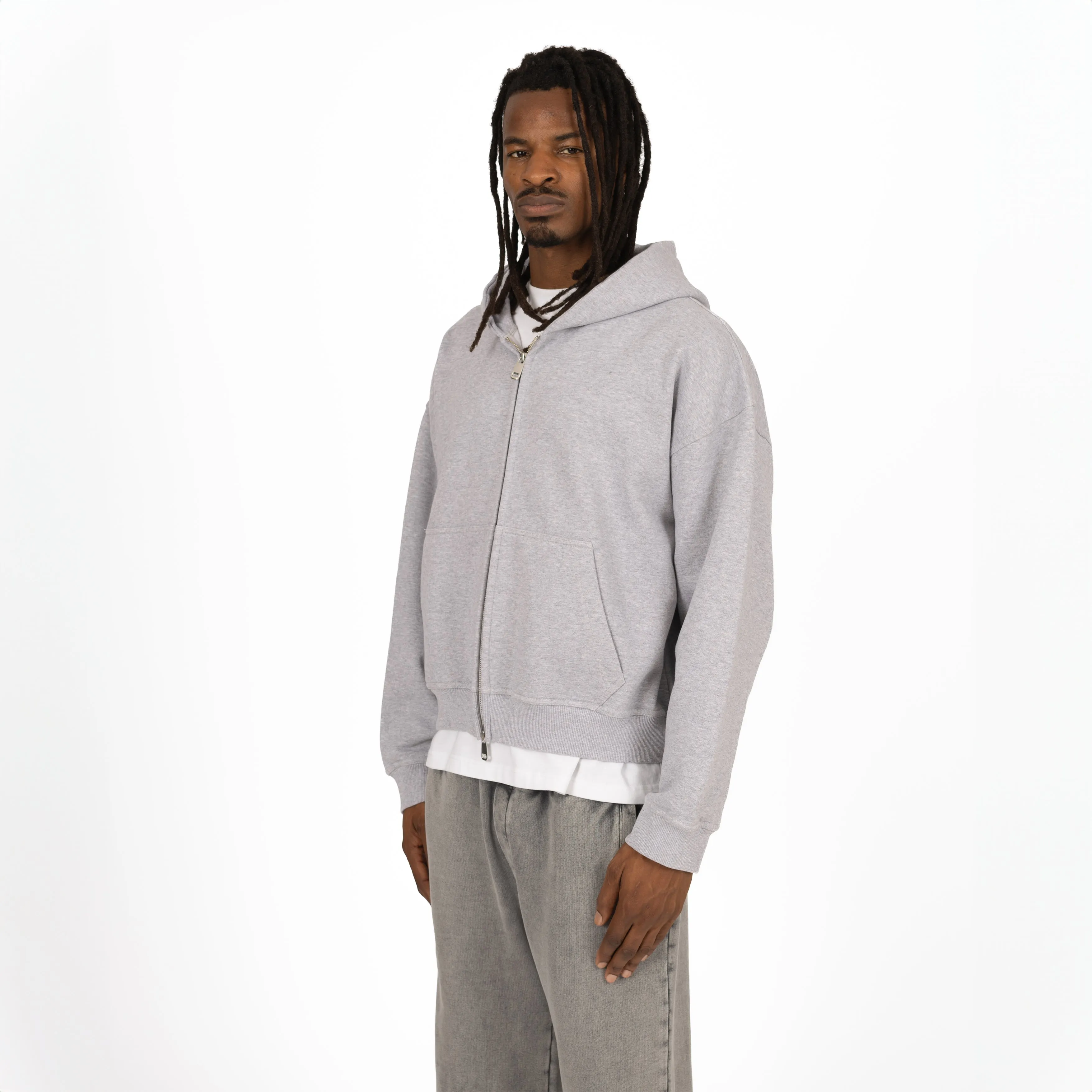 Cropped Zip Hoodie - Light Marl Grey