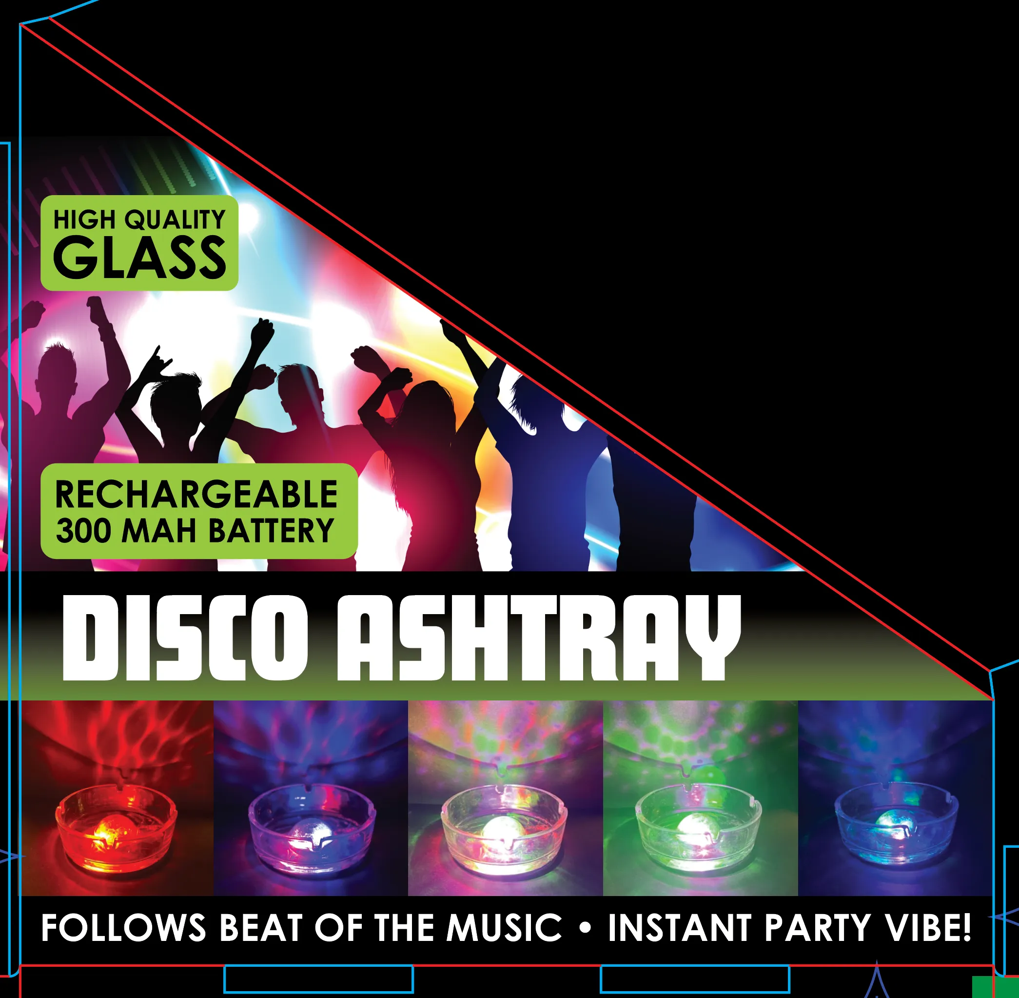 Disco Glass Ashtray with Sound Activated LED Lights - 6 Pieces Per Retail Ready Display 23743