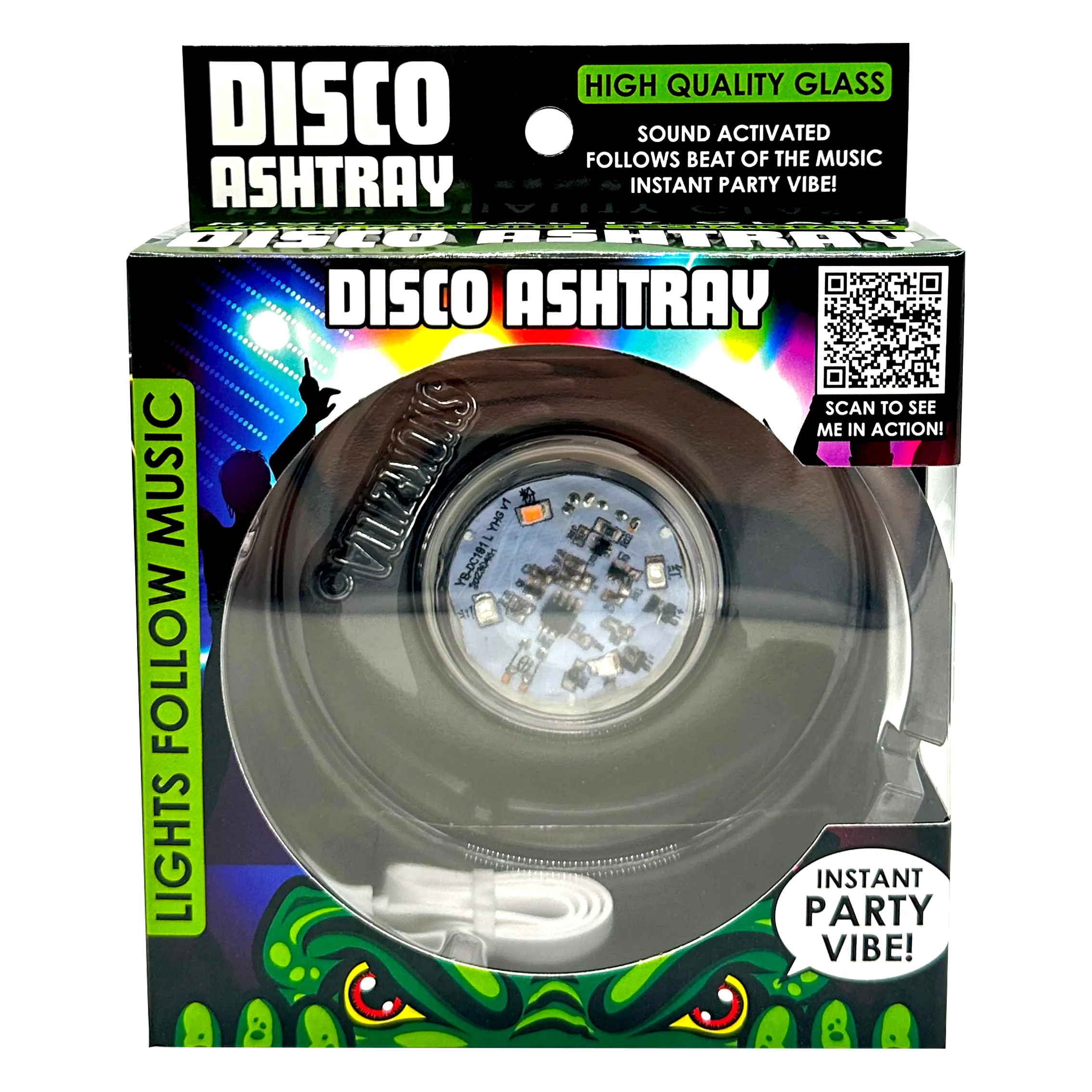 Disco Glass Ashtray with Sound Activated LED Lights - 6 Pieces Per Retail Ready Display 23743