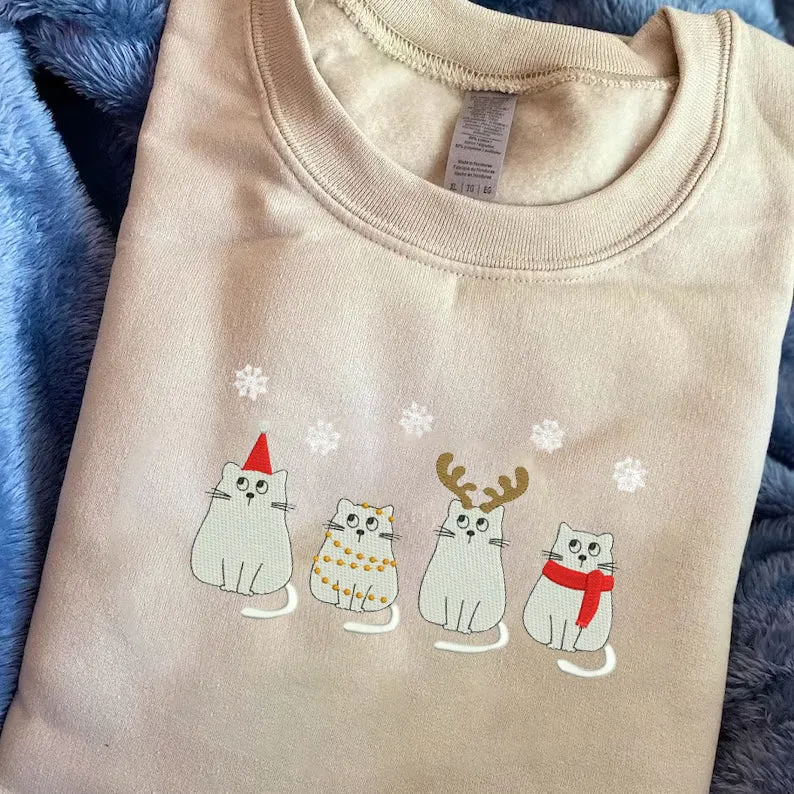 Embroidered Meowy Christmas Hoodie Sweatshirt T-Shirt