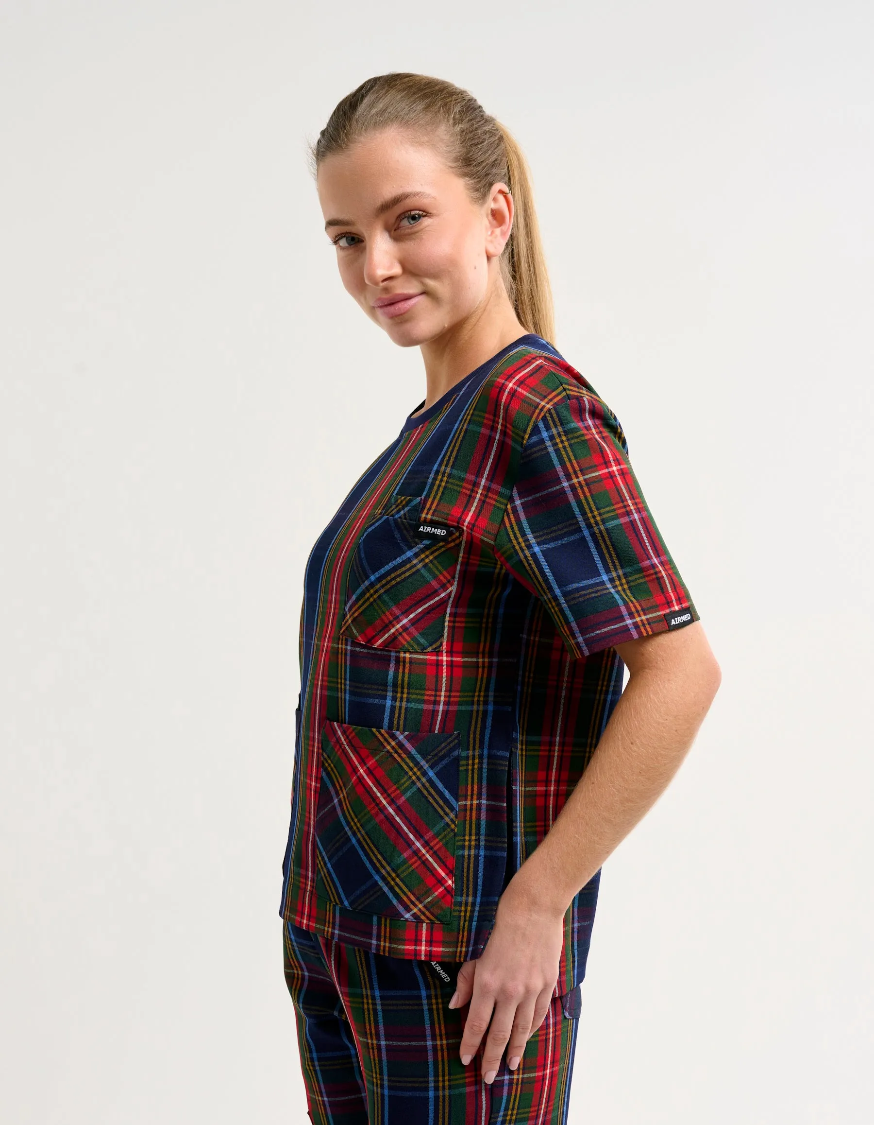 Essential Crewneck Scrub Top - Christmas Blue Tartan