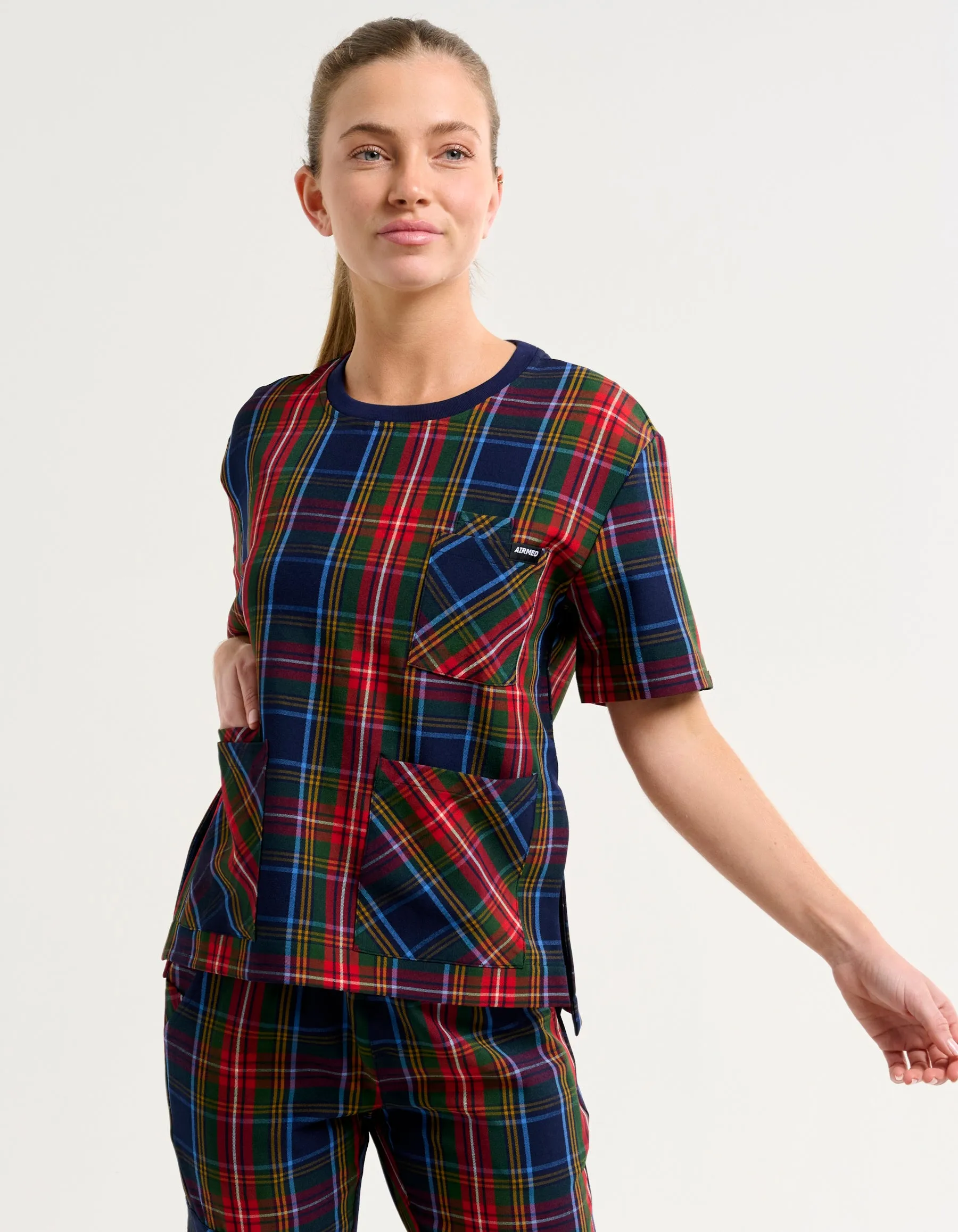 Essential Crewneck Scrub Top - Christmas Blue Tartan