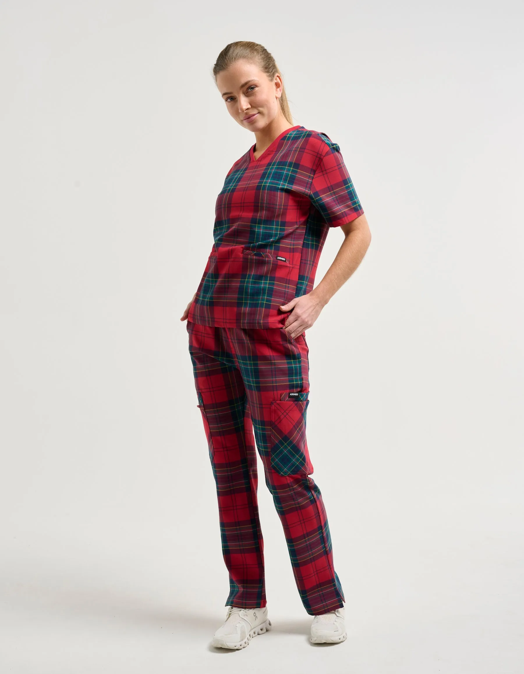 Essential V Neck Scrub Top - Christmas Red Tartan