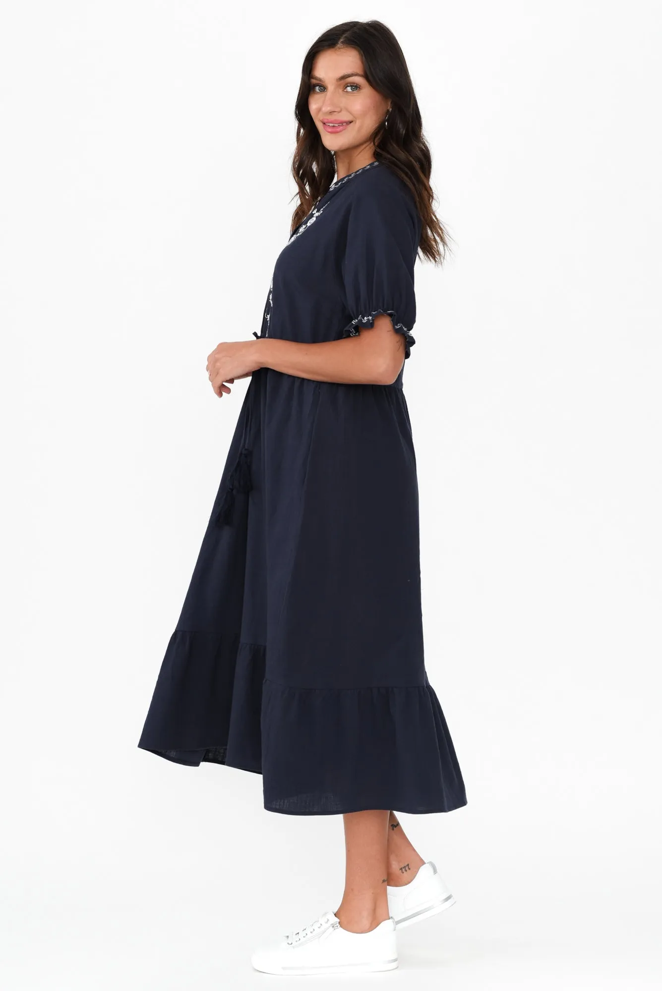 Jura Navy Cotton Embroidered Dress