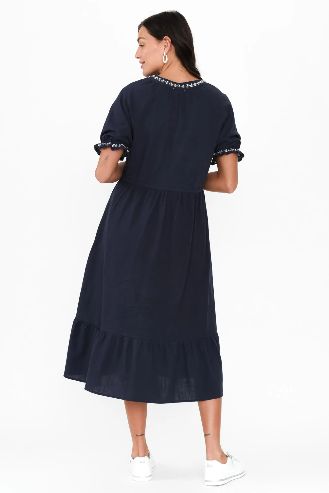 Jura Navy Cotton Embroidered Dress