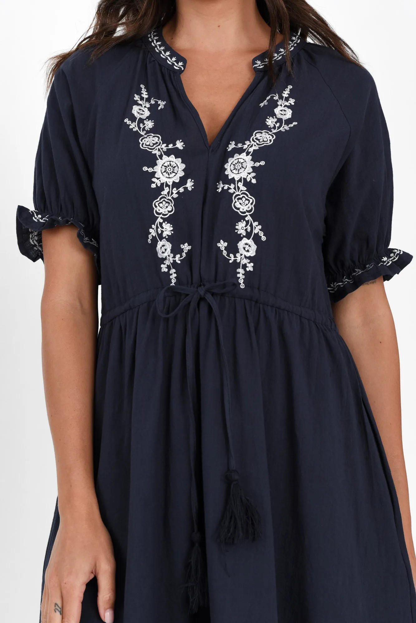 Jura Navy Cotton Embroidered Dress