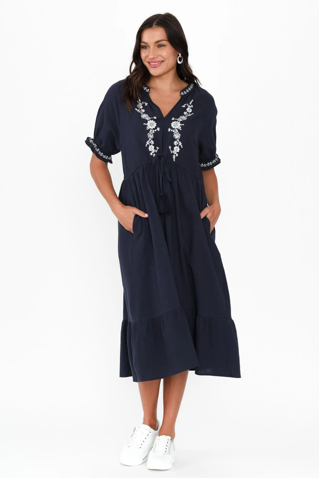 Jura Navy Cotton Embroidered Dress