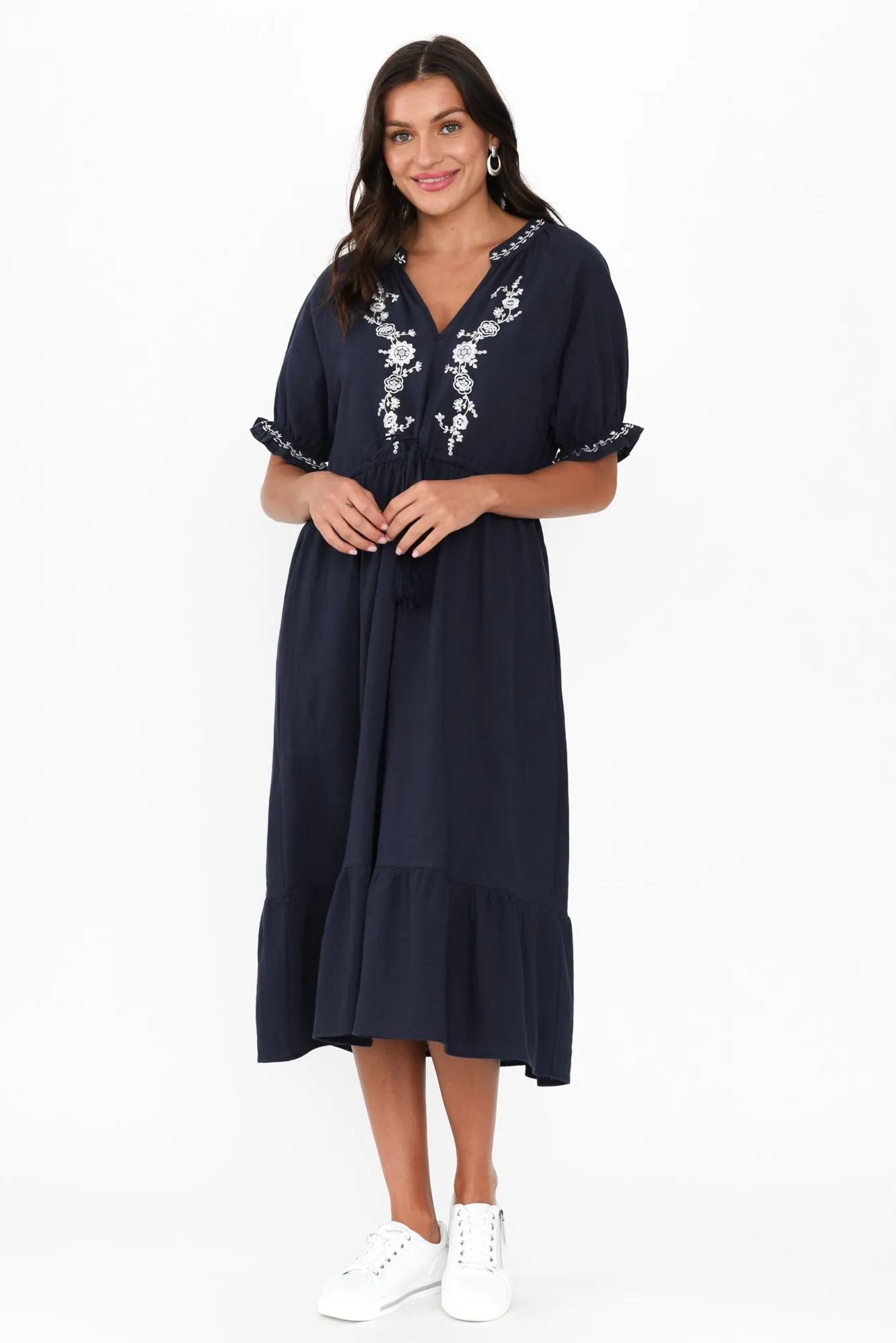 Jura Navy Cotton Embroidered Dress