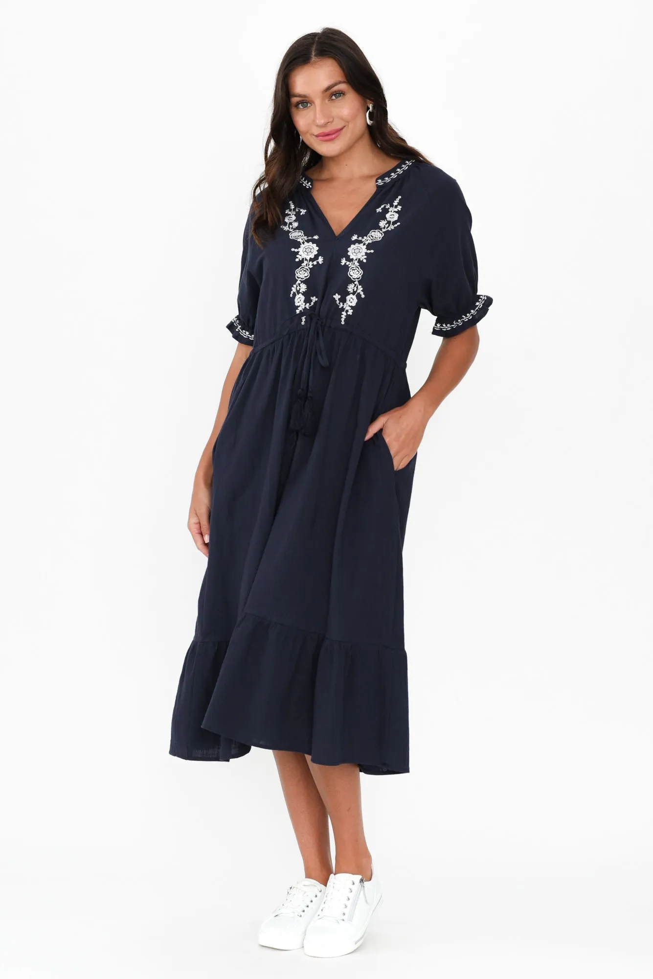 Jura Navy Cotton Embroidered Dress