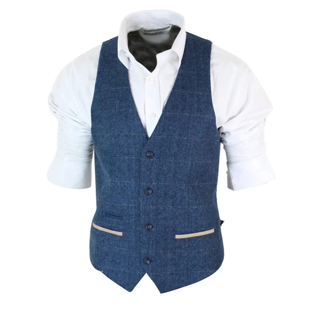 Men's Herringbone Tweed Check Waistcoat Velvet Trim Blue Brown Grey