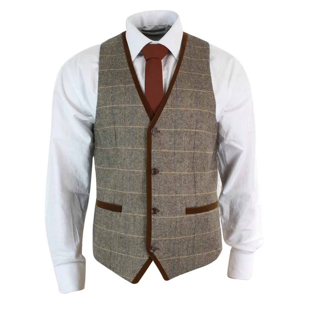 Men's Herringbone Tweed Check Waistcoat Velvet Trim Blue Brown Grey