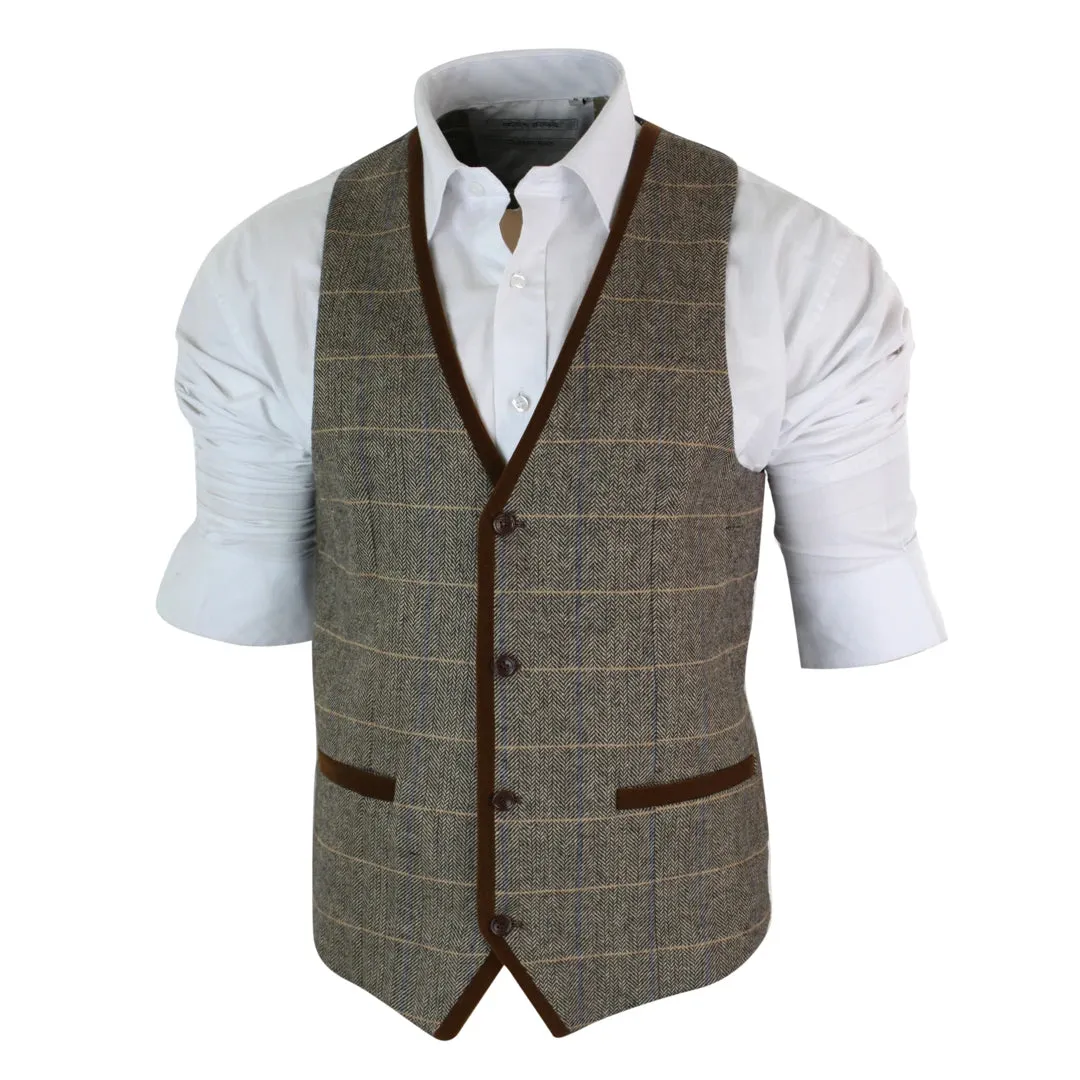 Men's Herringbone Tweed Check Waistcoat Velvet Trim Blue Brown Grey