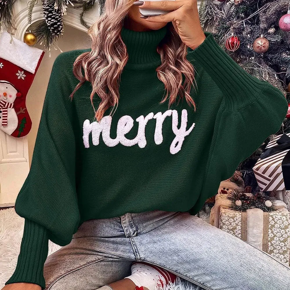 MERRY Slogan Long Sleeve Chunky Rib Knit Turtleneck Christmas Sweater