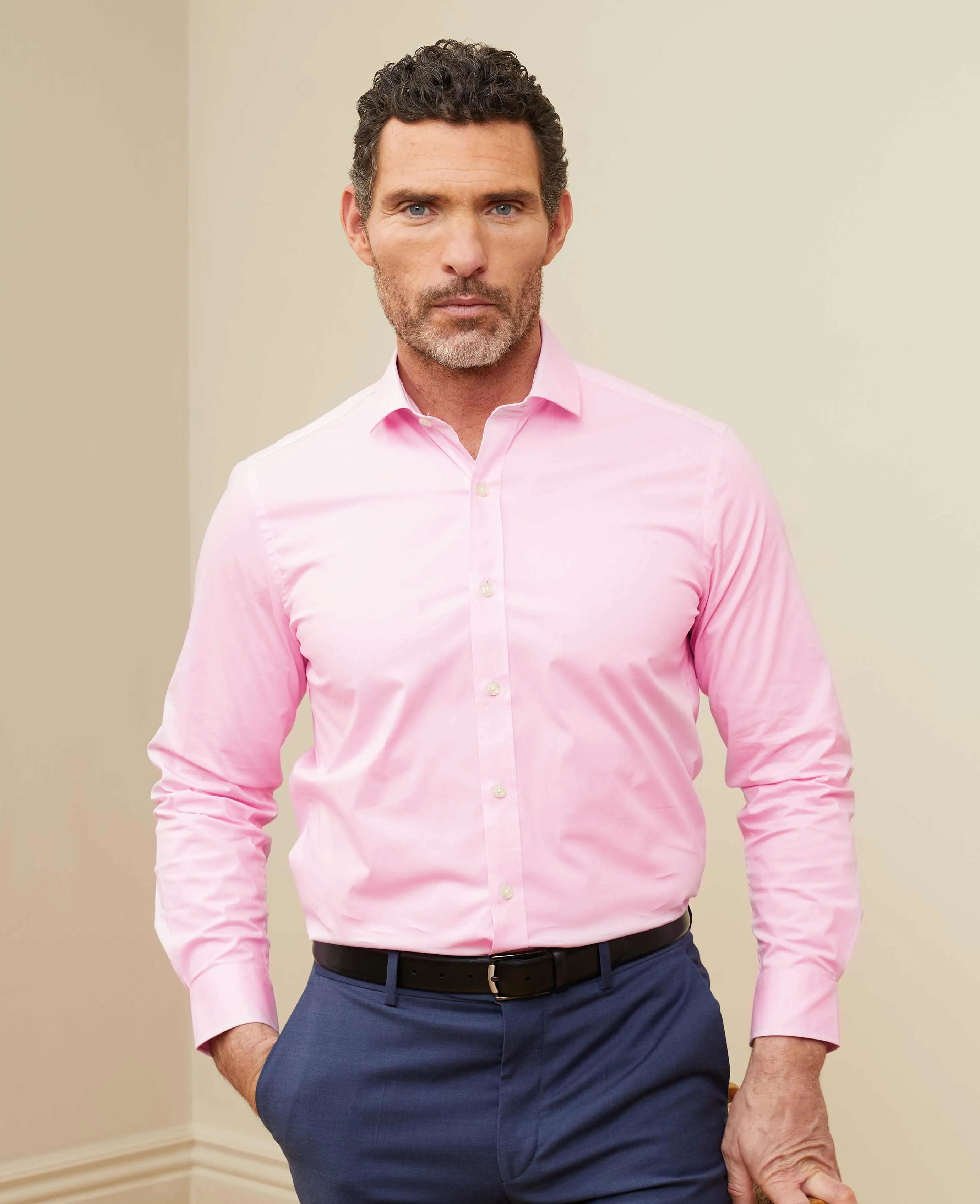 Pink Stretch Cotton Slim Fit Smart Casual Shirt - Single Cuff