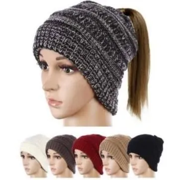 Ponytail Beanie Women's Big Girls Ribbed Hats