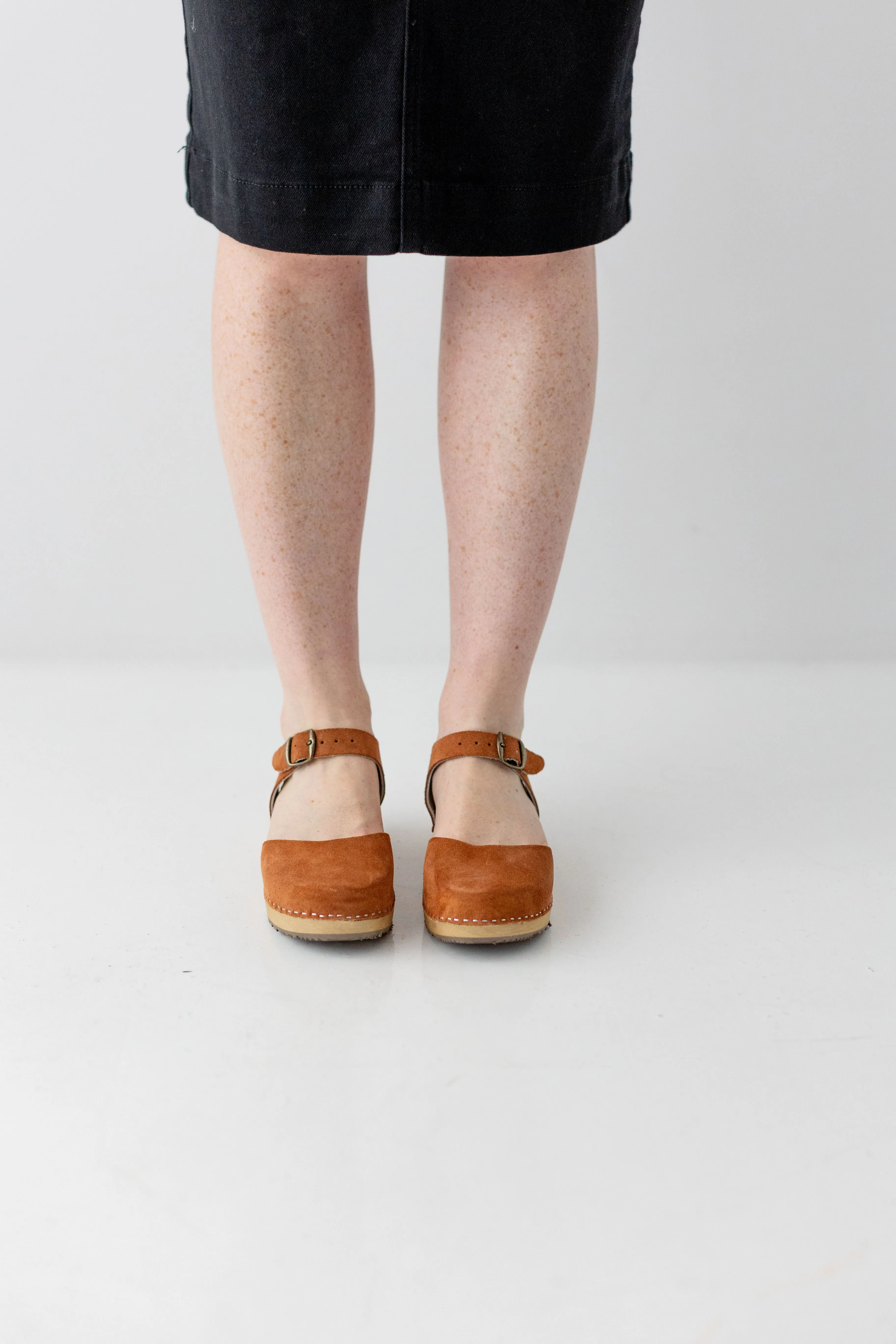 'Stockholm' Wood Heel Suede Clogs in Soft Brown