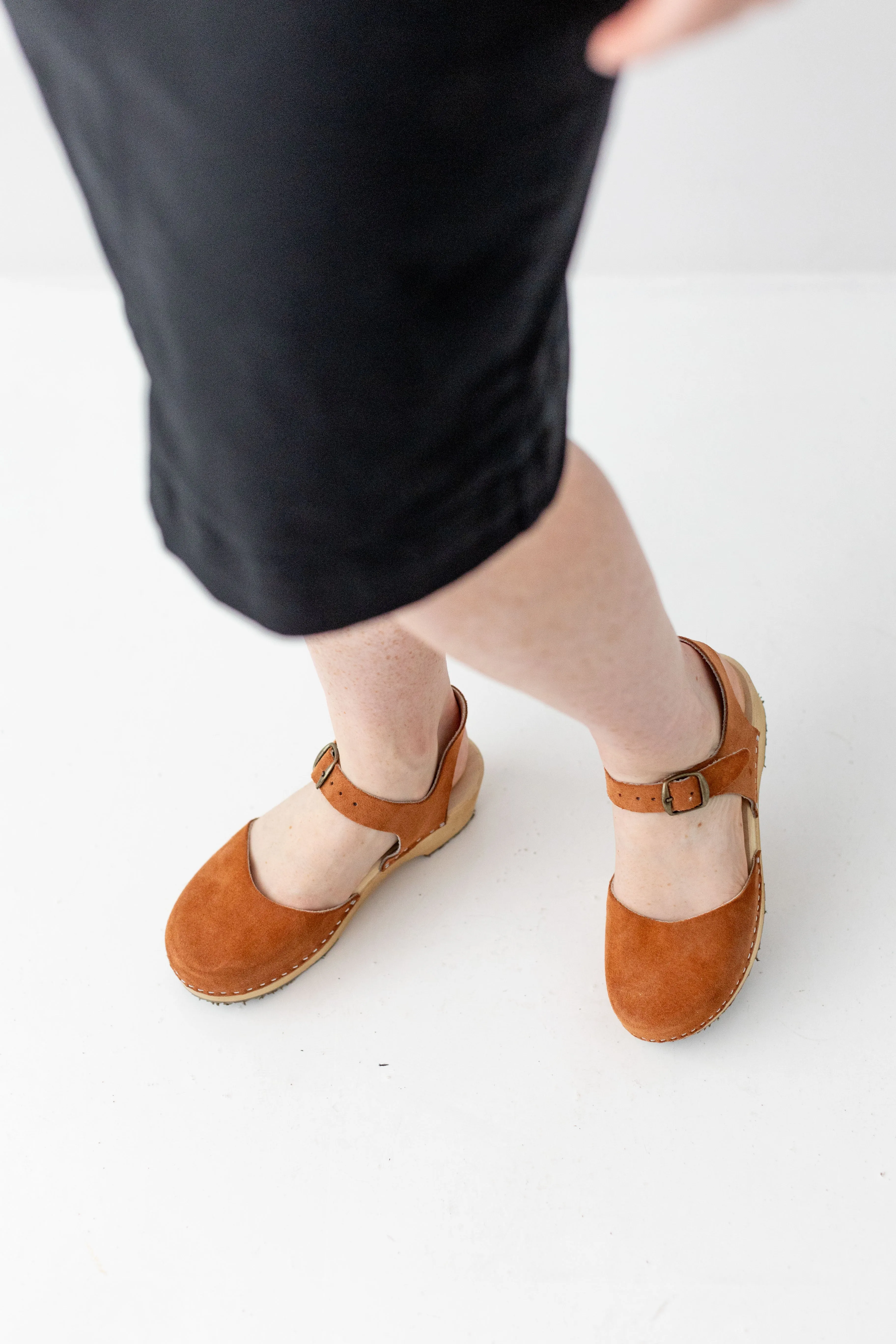 'Stockholm' Wood Heel Suede Clogs in Soft Brown