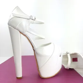 White Gloss Cross Strap Peep Toe Chunky Heels