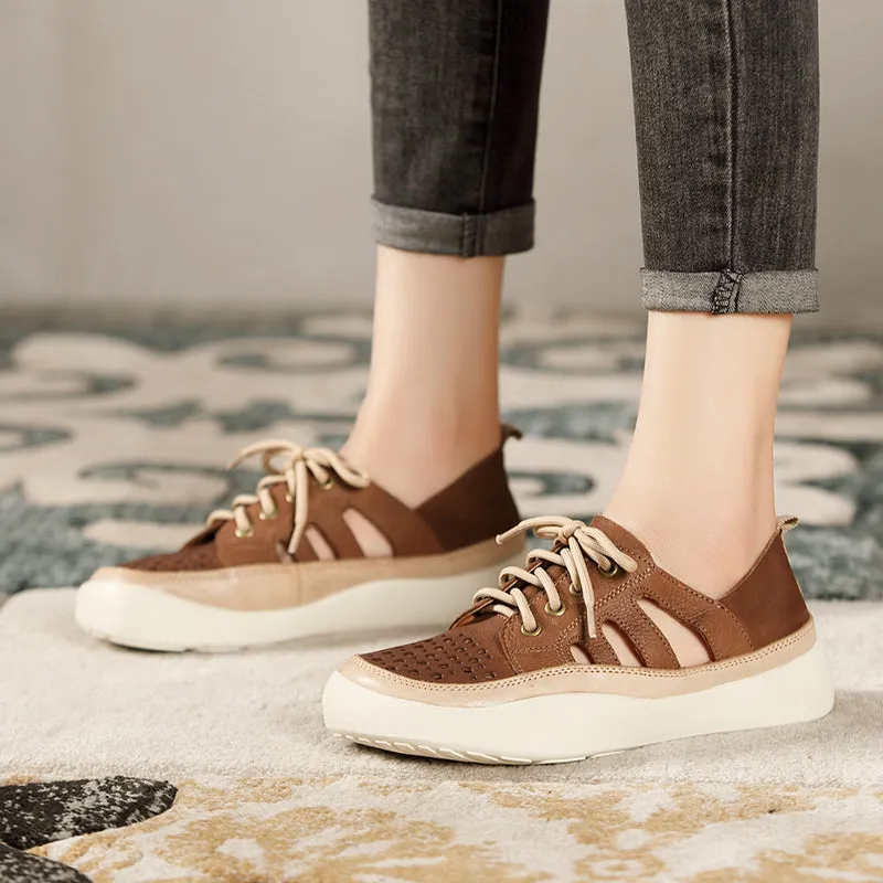 Women Handmade Leather Sneakers For Summer Brown/Coffee